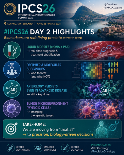 OpenMedInsights's tweet photo. ⭐ #IPCS26 Day 2 Highlights — Biomarkers are redefining prostate cancer care
@APCCC_Lugano

🔹 Liquid biopsies (ctDNA + PSA) → real-time prognosis & treatment stratification
🔹 Decipher & molecular subgroups → who to treat (and who NOT)
🔹 AR biology persists even in advanced disease → still a key driver
🔹 Tumor microenvironment (myeloid cells) → emerging therapeutic target
🔹 Take-home:
We are moving from “treat all” → to precision, biology-driven decisions
#ProstateCancer #UroOncology #PrecisionOncology