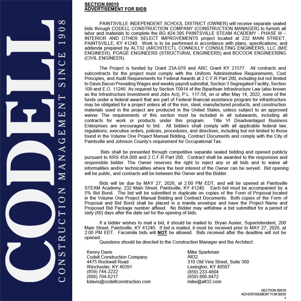 CodellCM's tweet photo. ***ADVERTISEMENT FOR BIDS***
BG No. 24-395 Paintsville STEAM Academy - Phase III - Interior and Other Select Improvements https://t.co/LETUCHTSNS