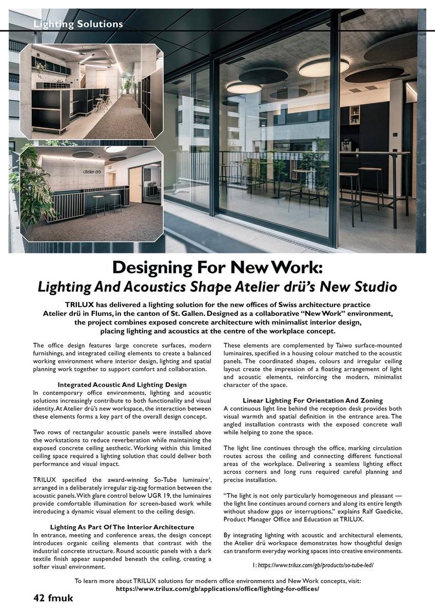 FMUKmagazine1's tweet image. Latest Issue 📰: TRILUX has delivered a #lighting and #acoustics solution for the new #offices of Swiss architecture practice Atelier drü in Flums, in the canton of St. Gallen. 

➡️fmuk-online.co.uk/designing-for-…
#facman #FacilitiesManagement #design #workplace #InteriorDesign #impact