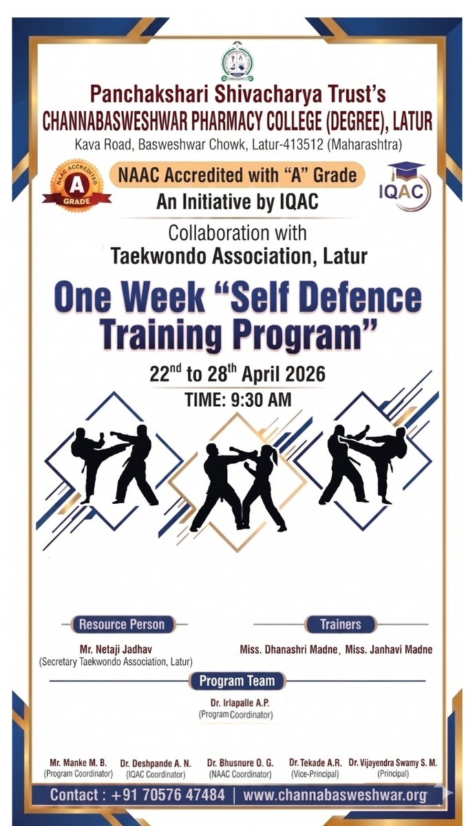 mb_manke's tweet photo. One Week "Self Defence Traning Program" from 22/04/2026 to 28/04/2026 Organised by Channabasweshwar Pharmacy College (Degree), Latur.
@_NSSIndia @MaharashtraNSS https://t.co/p9rPxjl0OQ