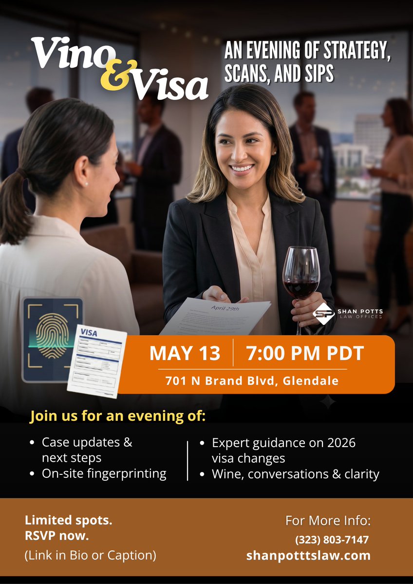 ShanPottsLaw's tweet image. 🔗Link to RSVP:  wix.to/BuPGsKr  

Get your fingerprinting done on-site, receive a direct case strategy, and enjoy a glass of wine with the experts.   
📷 701 N Brand Blvd, Suite 270, Glendale    

#USCIS #VisaBulletin #ImmigrationHelp #Glendale