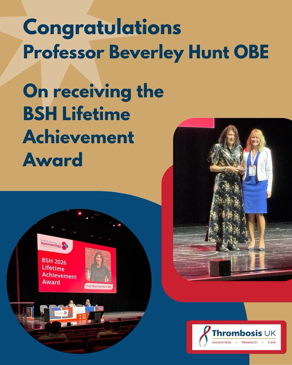 ThrombosisUK's tweet image. Thrombosis UK would like to congratulate its co-founder and co-chair Professor Beverley Hunt OBE, on her well-deserved BSH Lifetime Achievement Award! 

#BSH2026 #ThrombosisUK #Awards
