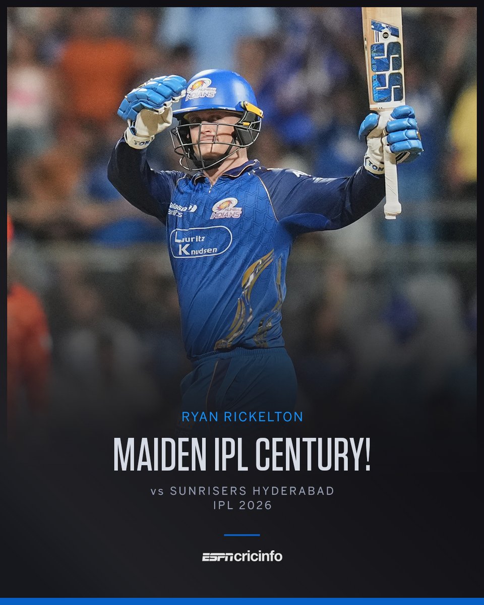 cricinfo's tweet photo. RYAN RICKEL𝙏𝙊𝙉 SMASHES HIS FIRST IPL HUNDRED! 💯

It’s the fastest for Mumbai Indians in the IPL, coming off just 44 balls 🔥

#MIvSRH #IPL2026 https://t.co/sowLUBABZ7