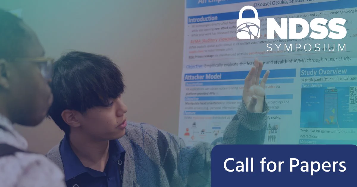 Two men stand and look at a poster. Text reads: Call for papers