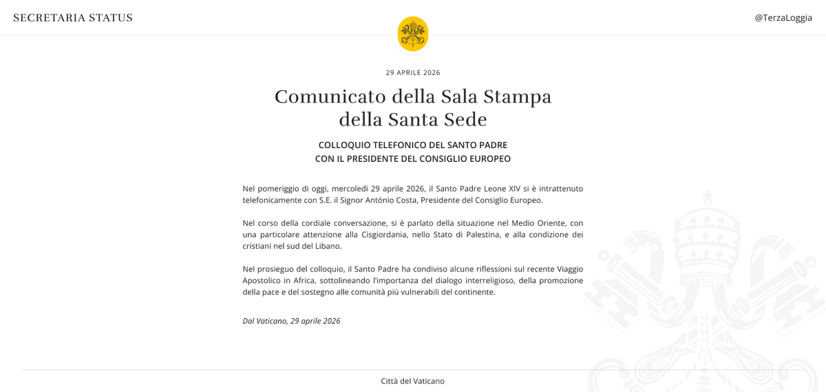TerzaLoggia's tweet photo. Nel pomeriggio di oggi si è svolto un colloquio telefonico tra il Santo Padre Leone XIV e S.E. il Signor António Costa, Presidente del Consiglio Europeo. https://t.co/cCJMtC2Js6