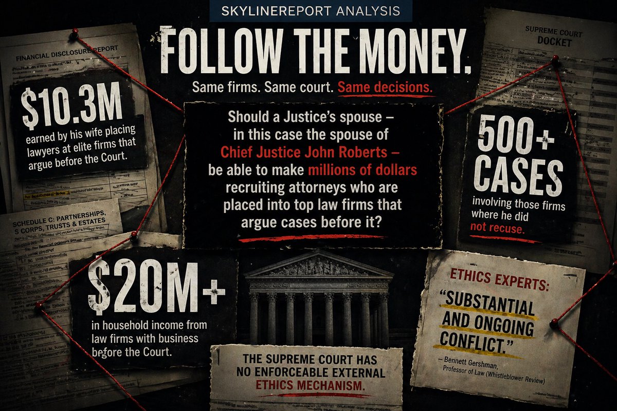 SkylineReport's tweet image. Law firms pay the Chief Justice’s household millions…

then ask him to decide their cases.

– ~$10.3M earned placing lawyers at firms that argue before the Court
– $20M+ in household income from those same firms
– 500+ cases involving those firms where he did not recuse
– Ethics