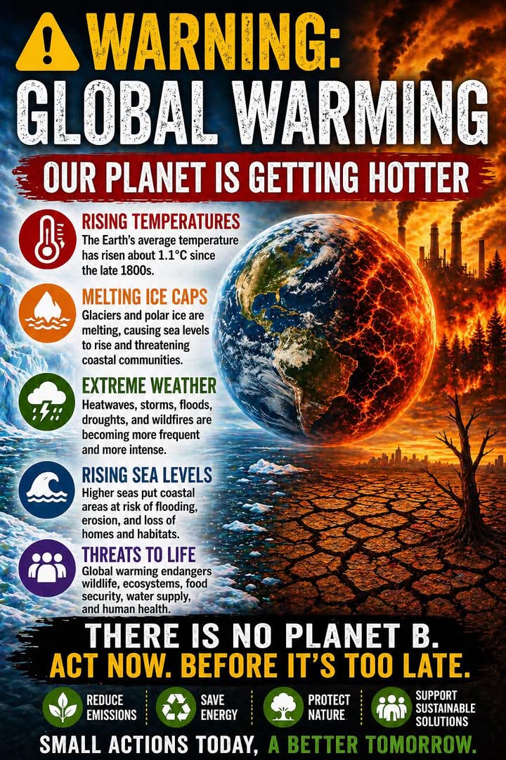 Healtheworldeco's tweet image. The Earth is warming fast over 1°C since the 1800s.
Melting ice, rising seas, and extreme weather are already here, threatening lives, nature, and our future.
There is no Planet B. Act now.
#ClimateChange #ActNow #SaveEarth