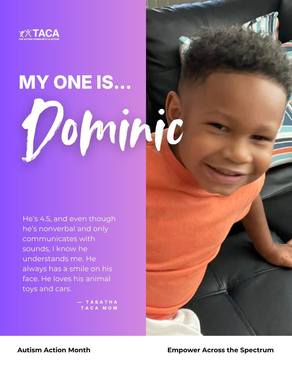 TACAfoundation's tweet photo. ❤️ My ONE is Dominic. He’s 4.5 and even though he’s nonverbal, and only communicates with sounds, I know he understands me. He always has a smile on his face. He loves his animal toys and cars. 
- Tabatha, TACA Mom 
Research Link: 
https://t.co/m49gS77G1O https://t.co/dFHd8j6eUi