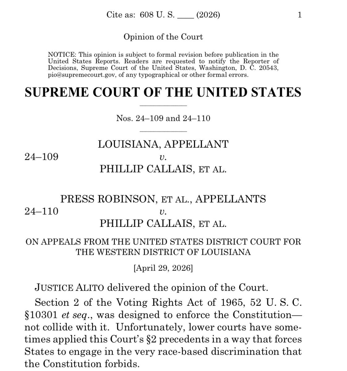 Huberton's tweet image. 🚨BREAKING: In a 6-3 vote, the Supreme Court JUST STRUCK DOWN the gerrymandered Voting Rights Act race-based district in Louisiana #SCOTUS