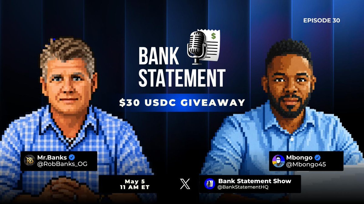 BankStatementHQ's tweet photo. Tomorrow — Bank Statement EP. 30
No matter the topic, one thing is guaranteed:

You’re gonna leave with at least one better thought about money than the one you came in with.

🎧 https://t.co/F8onaR4Dp7
📅 Tuesday May 5th • 11AM ET
🎁 $30 USDC (3×$10)

To enter: Follow @BankStatementHQ & @gostashxyz, Like, RT, tag 2, and be live.