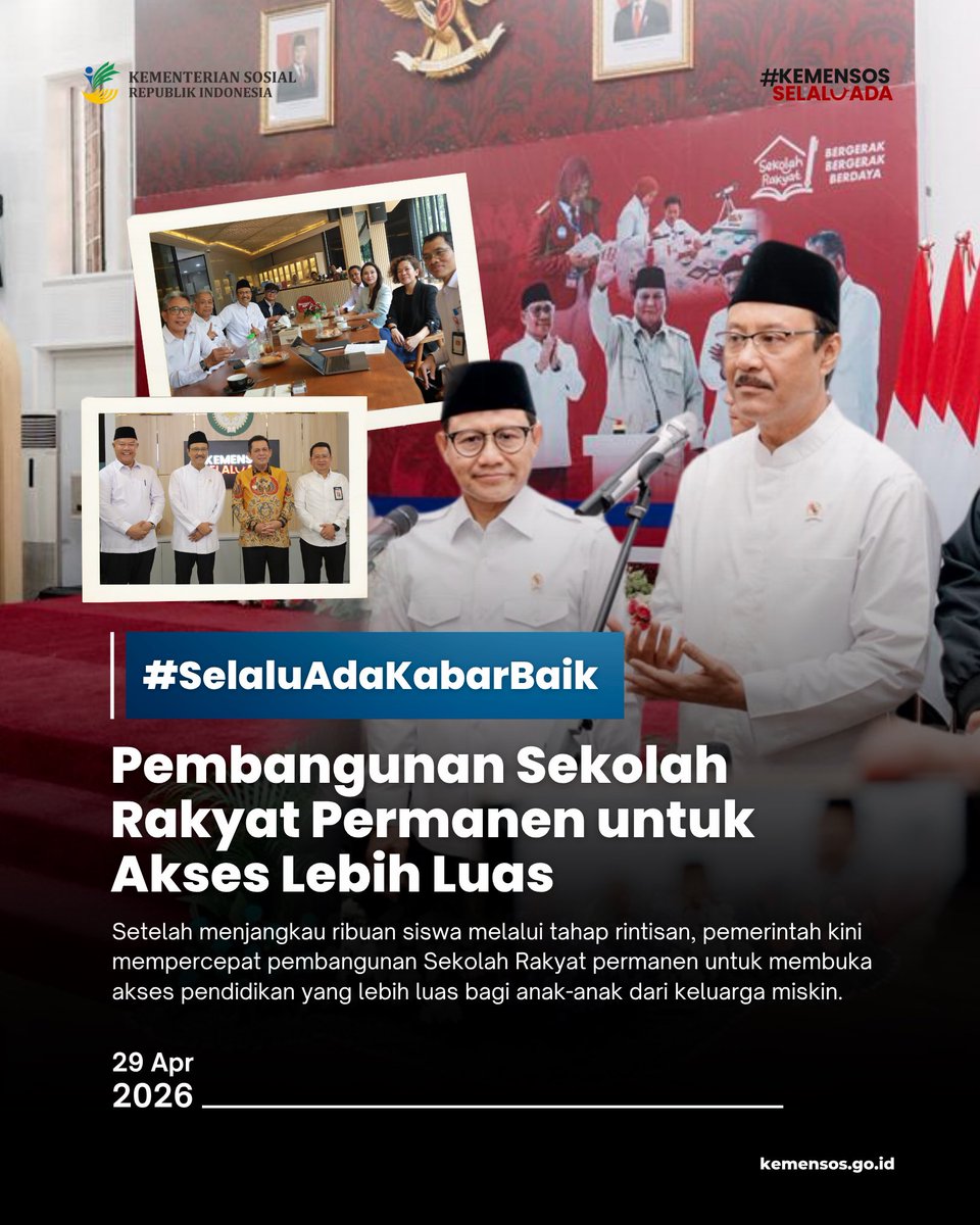 KemensosRI's tweet photo. Pembangunan Sekolah Rakyat permanen terus dipercepat untuk membuka akses pendidikan yang lebih luas bagi anak-anak dari keluarga miskin, setelah tahap rintisan menjangkau ribuan siswa. https://t.co/I5gB7q1zsr