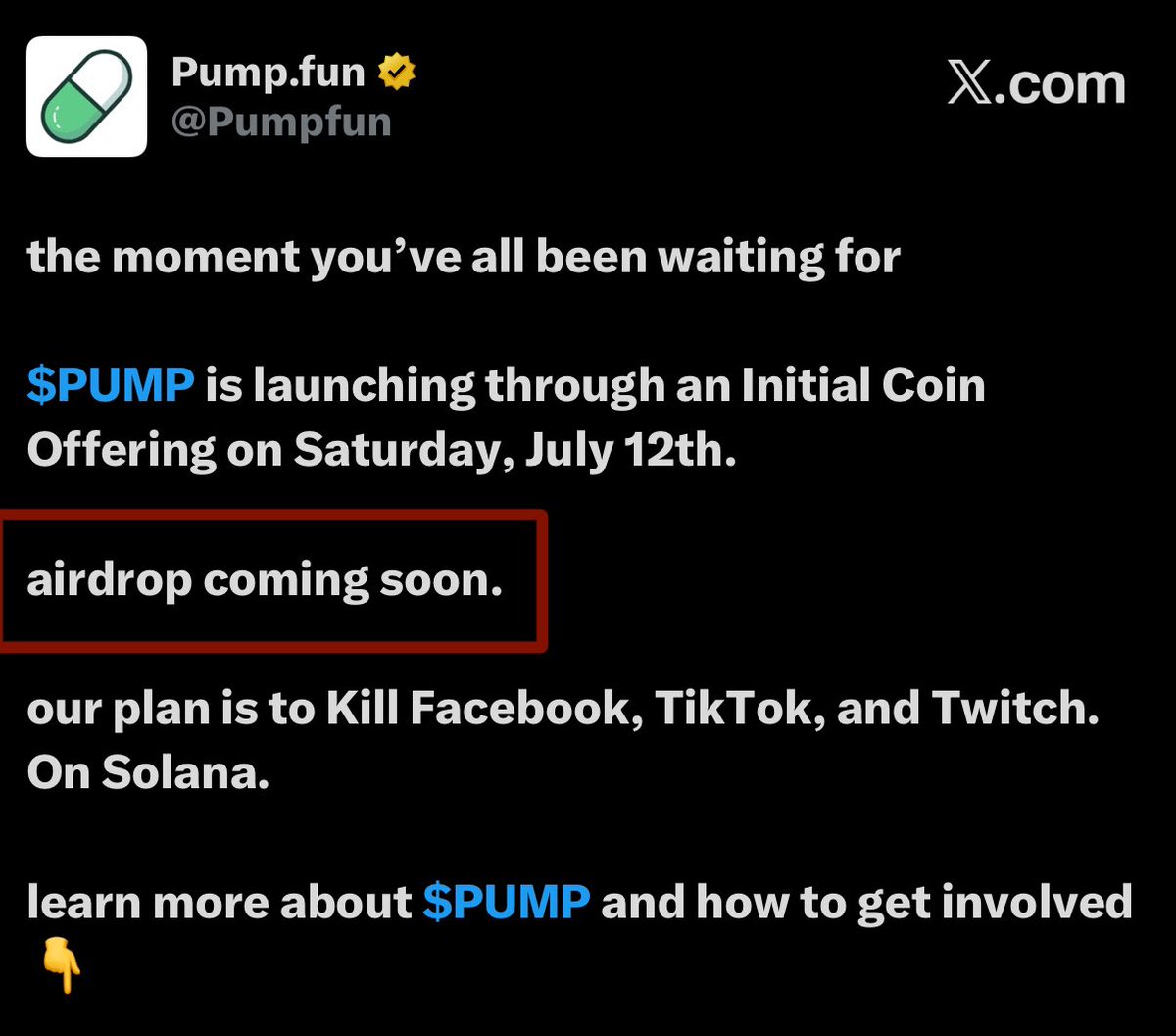 0x_abu's tweet photo. “Airdrop coming soon”

“24% of $PUMP to community & Ecosystem”

The space video wasn’t the first time Pumpfun are lying about airdrop to dunk on their community.

Never say anything about airdrop after making  $1.3B with ICO.

But burn $370M yesterday to gain trust from their community. 

Road to zer0!