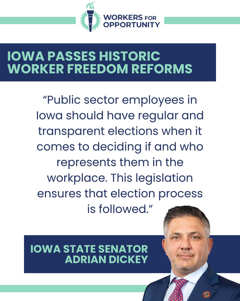 WorkersForOpp's tweet photo. Iowa State Senator Adrian Dickey on the passage of SF 472, which implements historic worker freedom reforms. The legislation now heads to @IAGovernor for her signature. 
https://t.co/xlT84ElWt7 https://t.co/ZSUGxCZXkB