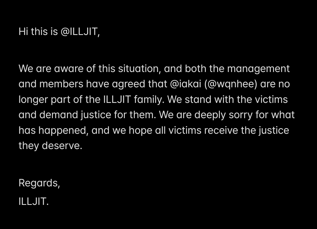 ILLJIT's tweet photo. Both @/wqnhee or @/iakai are no longer part of @ILLJIT. #JusticeForVictims https://t.co/GyJHxoSIC9