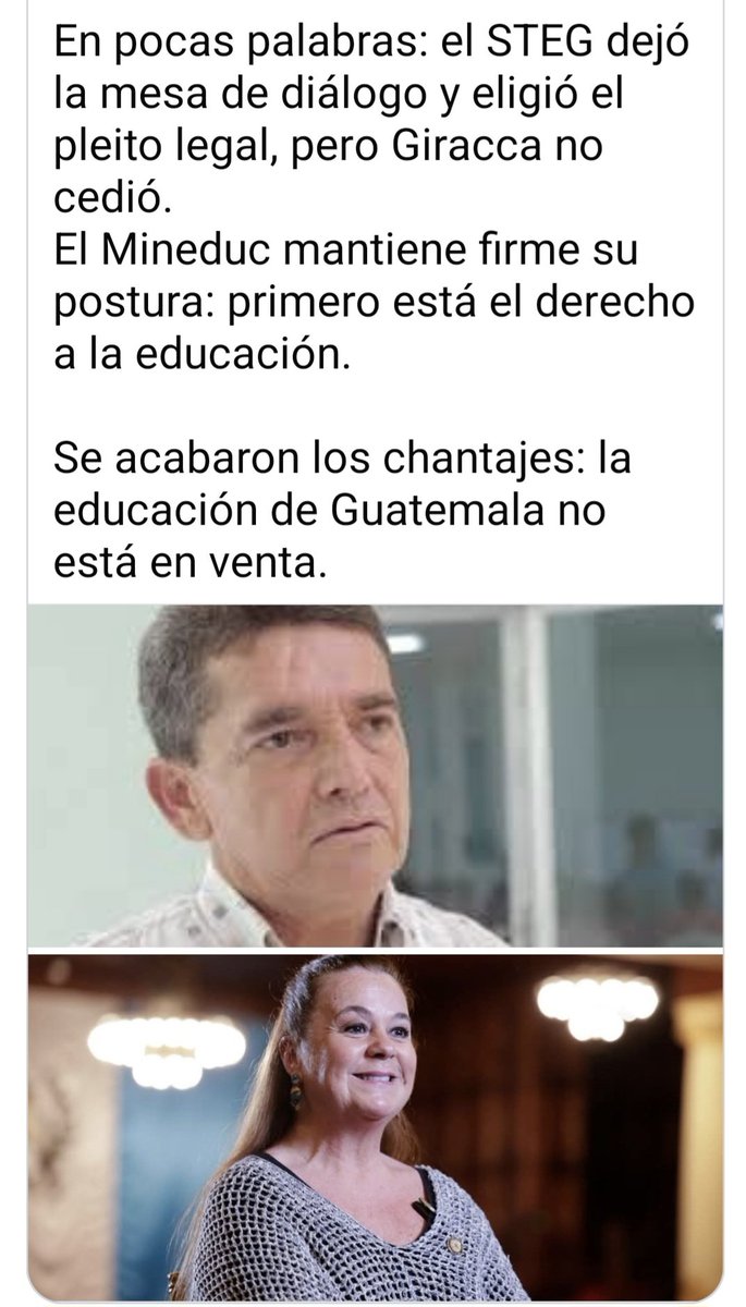 El único o talvez uno de los grandes éxitos de la gestión del gobierno de Arevalo es lo que hizo la ministra de educación Giracca, no ceder ante el criminal sindicalista Joviel Acevedo, mi reconocimiento 👏🏼👏🏼👏🏼