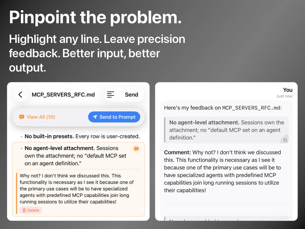 ecolesthedev's tweet photo. When Claude sends you a wall of text, how do you pinpoint exactly what to change? With Claude Desktop, you get a text field. Good luck.

Remote Codetrol lets you leave feedback inline — on responses or any markdown file. More precision, better output.

https://t.co/iQOZ1JowAD https://t.co/dX2h5oC88c