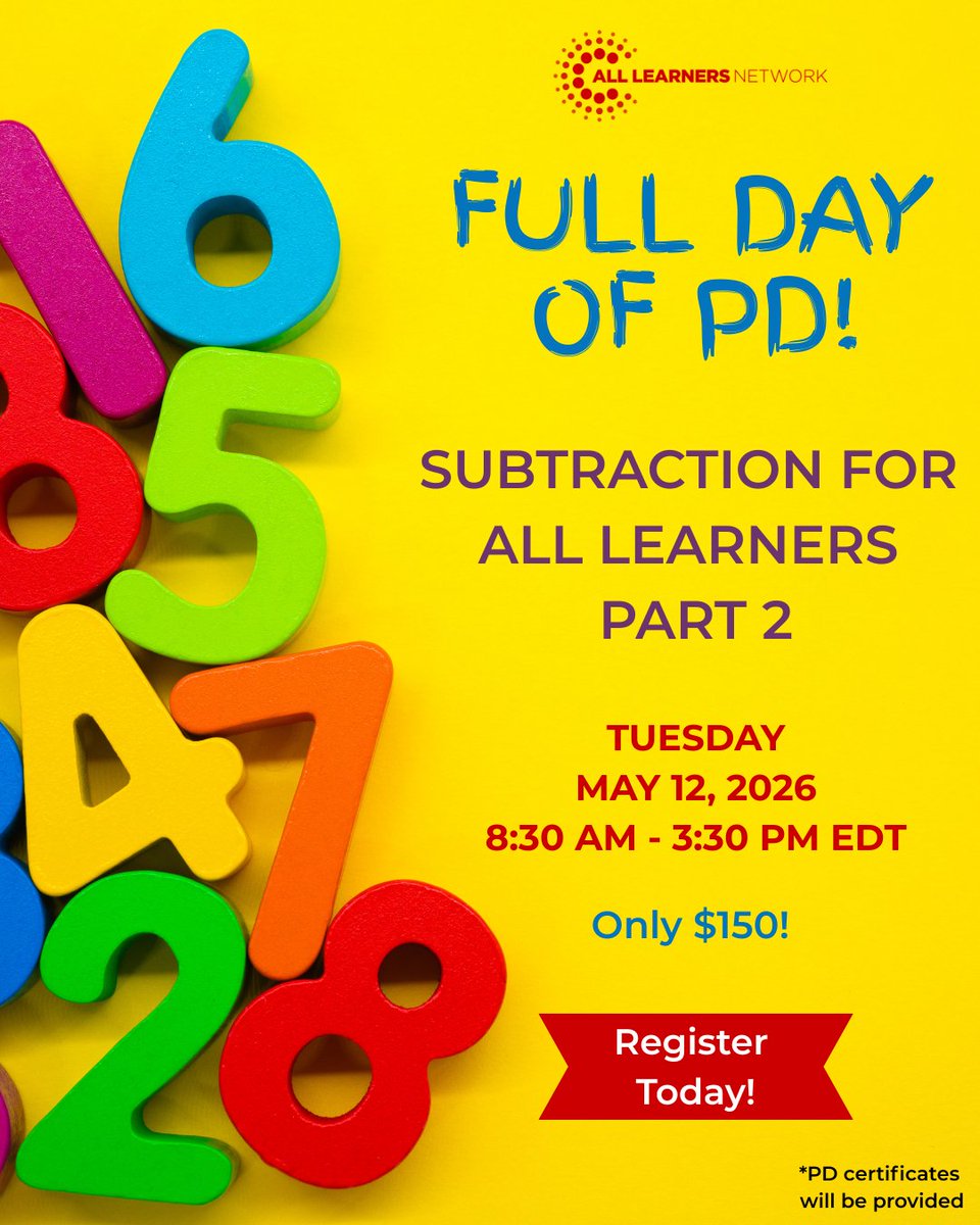 AllLearnersMath's tweet photo. Knowing how to do the math is not enough. Understanding how students learn it is what changes outcomes.

Join us May 12 for Subtraction for All Learners Part 2, a full day of PD for educators. 

🎟️ $150
Register: https://t.co/Y9VGziy13e

#MathEducation #MathPD #ALN https://t.co/p1BWmzt0Q3