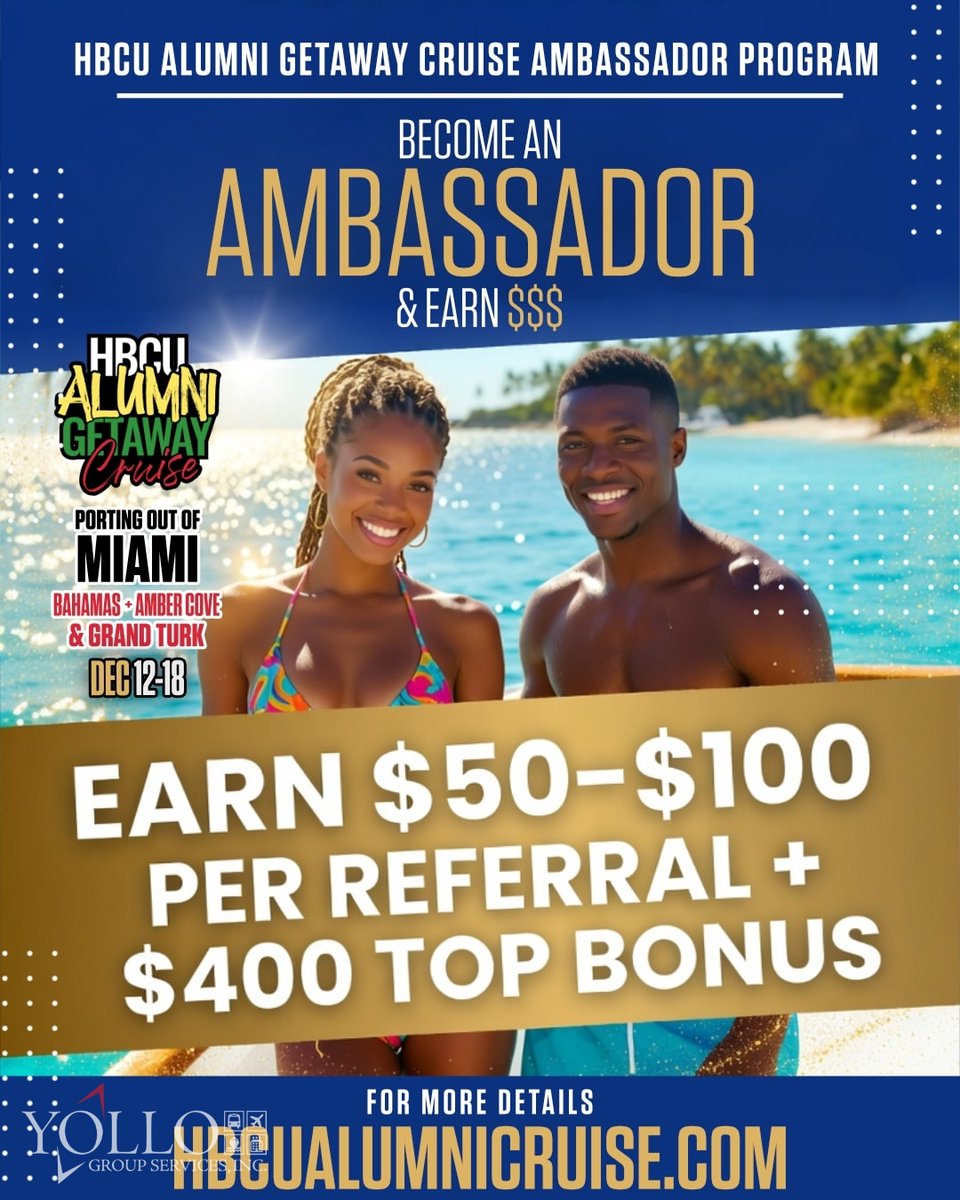 YOLLOGSINC's tweet image. HBCU FAM — turn your posts into vacation money 💰🚢

Join the Ambassador Program for the 10th Annual HBCU Alumni Getaway Cruise.

Earn $50–$100 per referral + $400 for the top ambassador.

Apply now 👇
hbcualumnicruise.com

#HBCUAlumniCruise #BrandAmbassador #HBCUPride