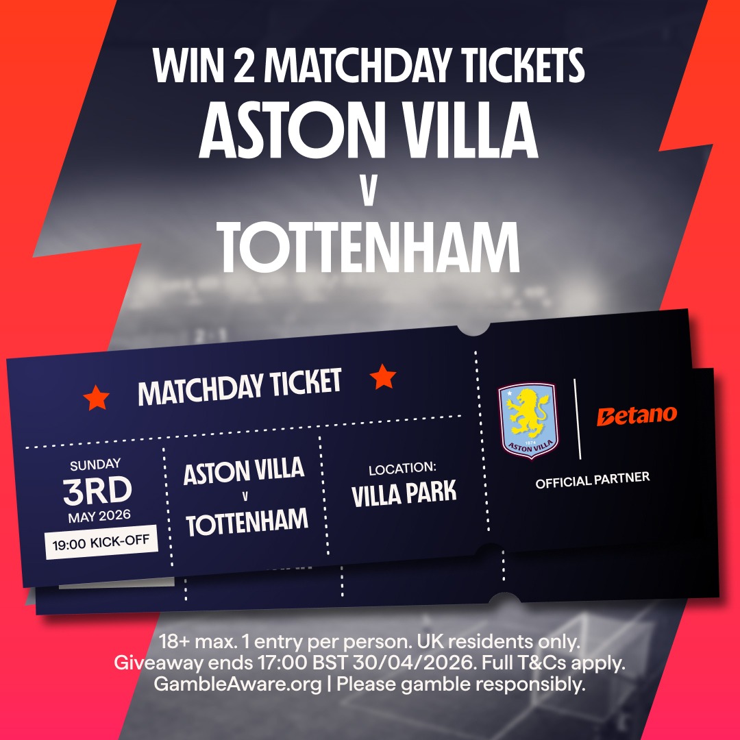 Betano_UK's tweet photo. Win a pair of matchday tickets to Aston Villa v Tottenham 🎟️

We're proud sponsors of Aston Villa and we're giving away 3 pairs of matchday tickets to Villa Park.

To Enter:
Follow @Betano_UK
RT this post

#AVFC