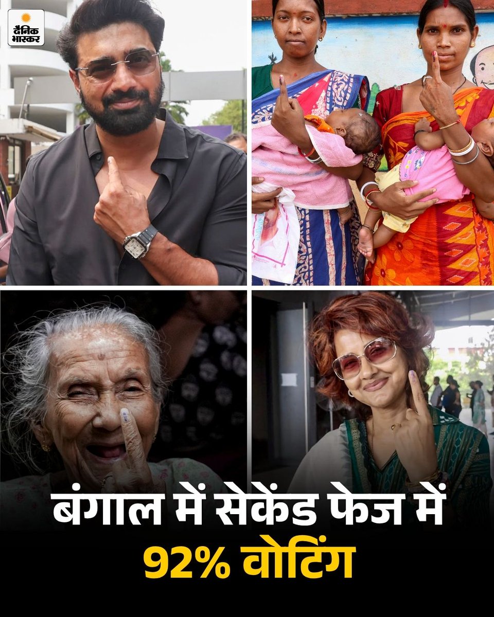 DainikBhaskar's tweet image. पश्चिम बंगाल में सेकेंड फेज की 142 सीटों पर वोटिंग खत्म हो गई है। चुनाव आयोग के शाम 7 बजे तक के आकड़ों के मुताबिक, 91.79% वोटिंग हुई है। 
dainik.bhaskar.com/yFyzCoevJ2b 

#Voting #AssemblyElections2026 #ElectionWithBhaskar #WestBengalElection #TMCvsBJP