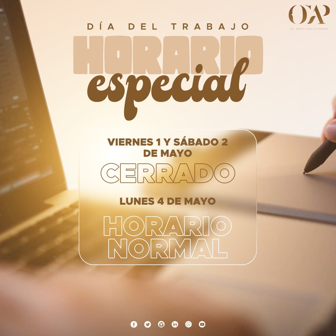 OcDigitaldesign's tweet photo. 💪🏻El trabajo dignifica, pero el descanso también lo hace.🕗Este fin de semana tenemos horario especial👇🏻

#diadeltrabajador #honduras #diadeltrabajo #1demayo #trabajadores https://t.co/KcfEaG2brX