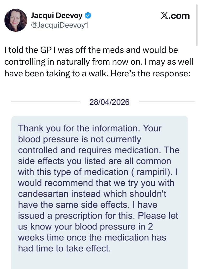 What does she expect the GP to say?
“Good on you Jacqui, try turmeric and Pine needle tea” 😂