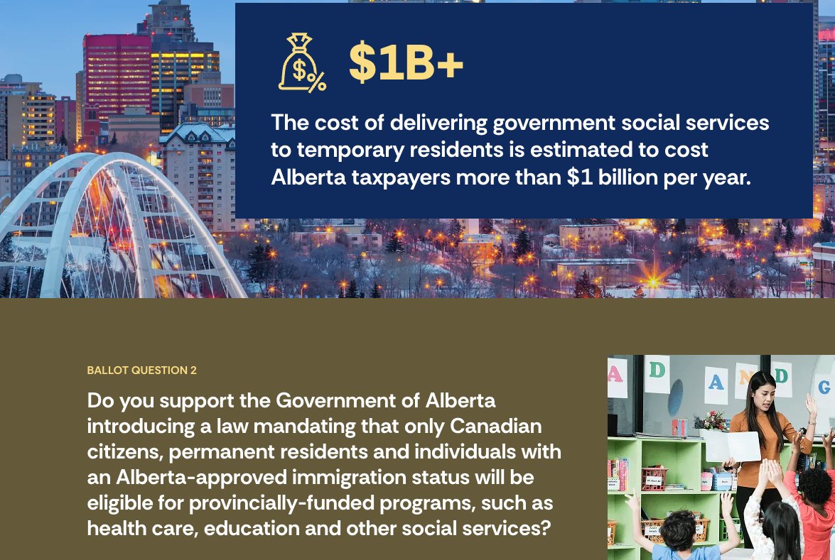 Tony__Clark's tweet image. This referendum question from the UCP bothers me. No word on taxes temporary residents pay. Also, look at the fine print: people with "Alberta-approved immigration status" won't have to pay, but if you're here under a federal stream, you'll pay. Seems unfair and divisive.
#ableg