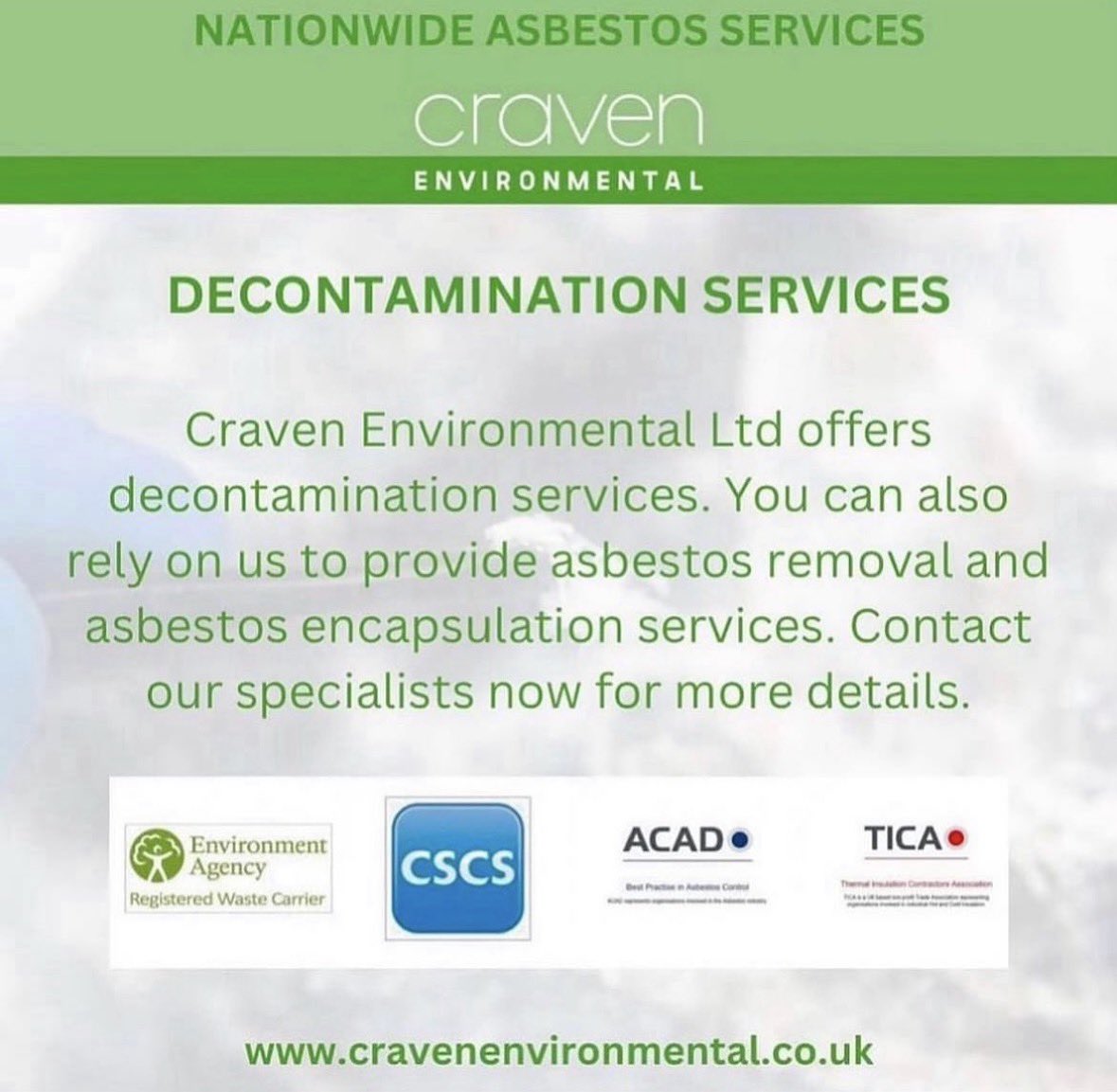 DECONTAMINATION SERVICES

Craven Environmental Ltd offers decontamination services. You can also rely on us to provide asbestos removal and asbestos encapsulation services. Contact our specialists now for more details.

cravenenvironmental.co.uk