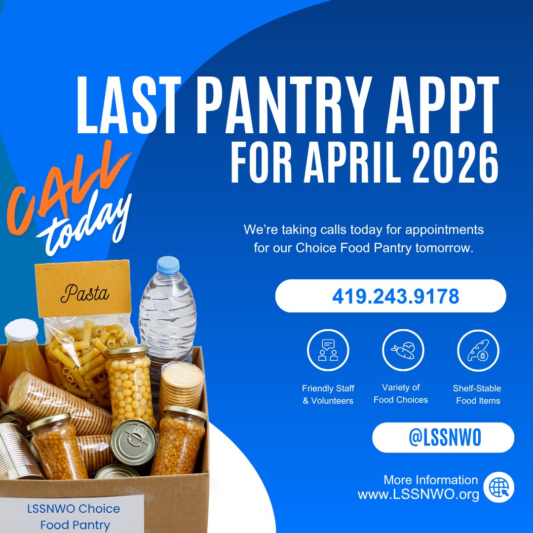 LSSNWO's tweet image. ATTENTION: We are taking calls today (Wednesday, 4/29/2026) for appointments tomorrow (Thursday). This is our last pantry day for the month of April. Call 419.243.9178 if you've yet to utilize our pantry this month 😊 
#FoodPantry #Service #Toledo #LSSNWO #LSS
