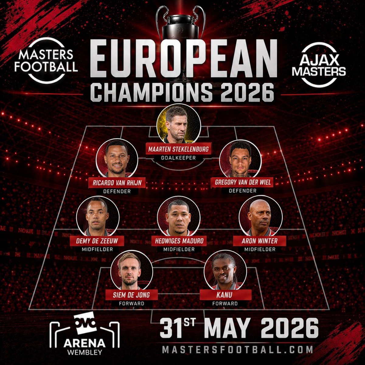 mastersfootball's tweet photo. Ajax Masters line-up announcement!

🧤Maarten Stekelenburg
🛡️Ricardo van Rhijn
🛡️Gregory van der Wiel
🎯Hedwiges Maduro
🎯Aron Winter
🎯Demy de Zeeuw 
⚽️Siem de Jong
⚽️Nwankwo Kanu

OVO Arena Wembley
31st May 2026

Tickets selling fast! Get yours now at
https://t.co/6guEm0zF1Q https://t.co/2ZaGwHLz1h