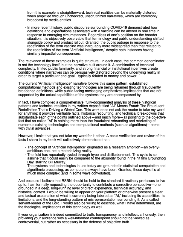 JaredASnyder's tweet photo. On Thursday, April 9, I sent a detailed e-mail to @RSBNetwork calling out their lazy, unethical promotion of the fraudulent “AI” narrative.

Nearly 3 weeks later, still no response. Not even a cookie-cutter acknowledgment.

Here's the truly disappointing aspect of this issue... https://t.co/a0UBaReCtC