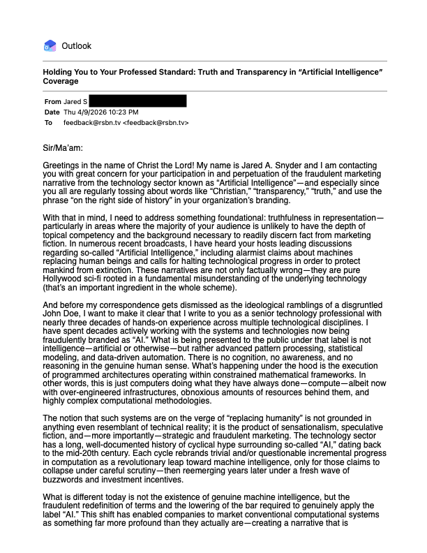 JaredASnyder's tweet photo. On Thursday, April 9, I sent a detailed e-mail to @RSBNetwork calling out their lazy, unethical promotion of the fraudulent “AI” narrative.

Nearly 3 weeks later, still no response. Not even a cookie-cutter acknowledgment.

Here's the truly disappointing aspect of this issue... https://t.co/a0UBaReCtC