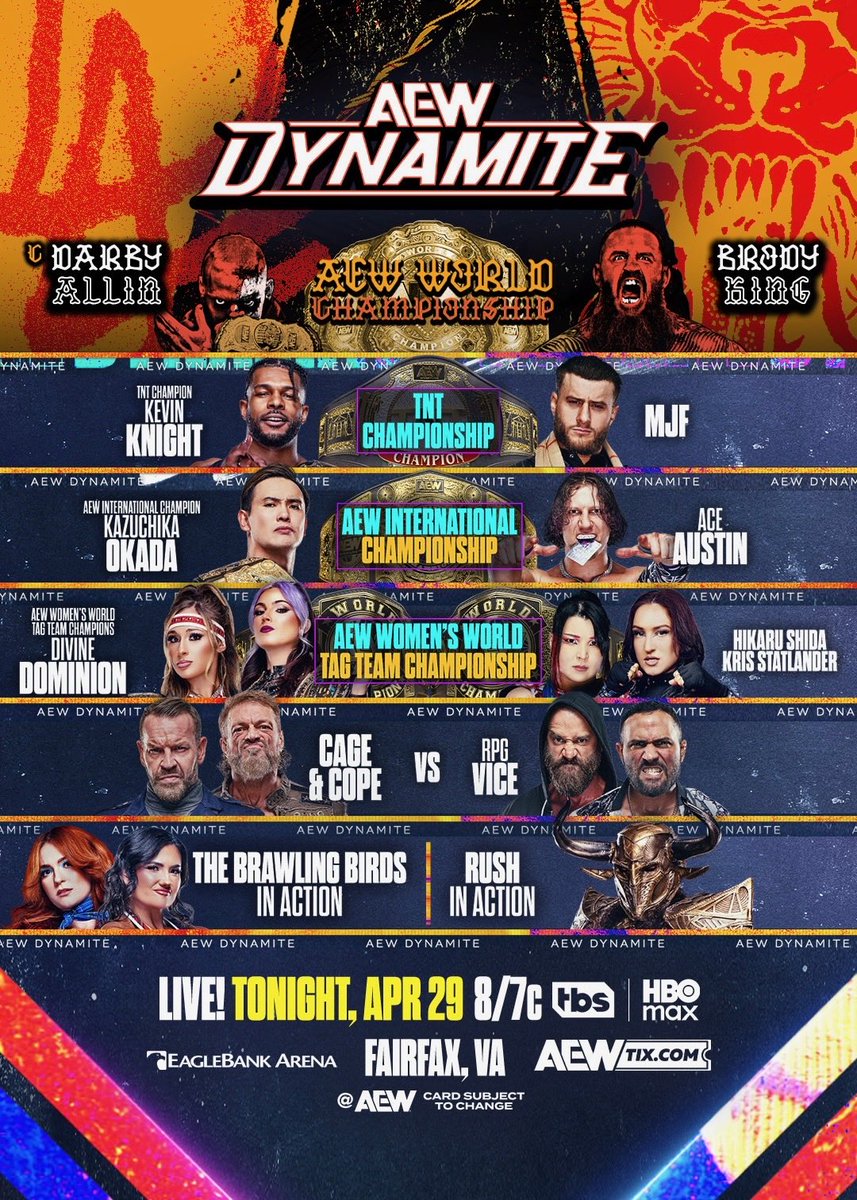 TonyKhan's tweet image. Good morning!
Thank you all who watch AEW!

TONIGHT
don’t miss Wednesday Night #AEWDynamite!
It will be a tremendous Wednesday night of wrestling @AEWonTV, and it starts at 8pm ET/7pm CT
(And we’re back at 8pm west coast!)
on @TBSNetwork &amp;amp; HBO Max,
TONIGHT!!!!