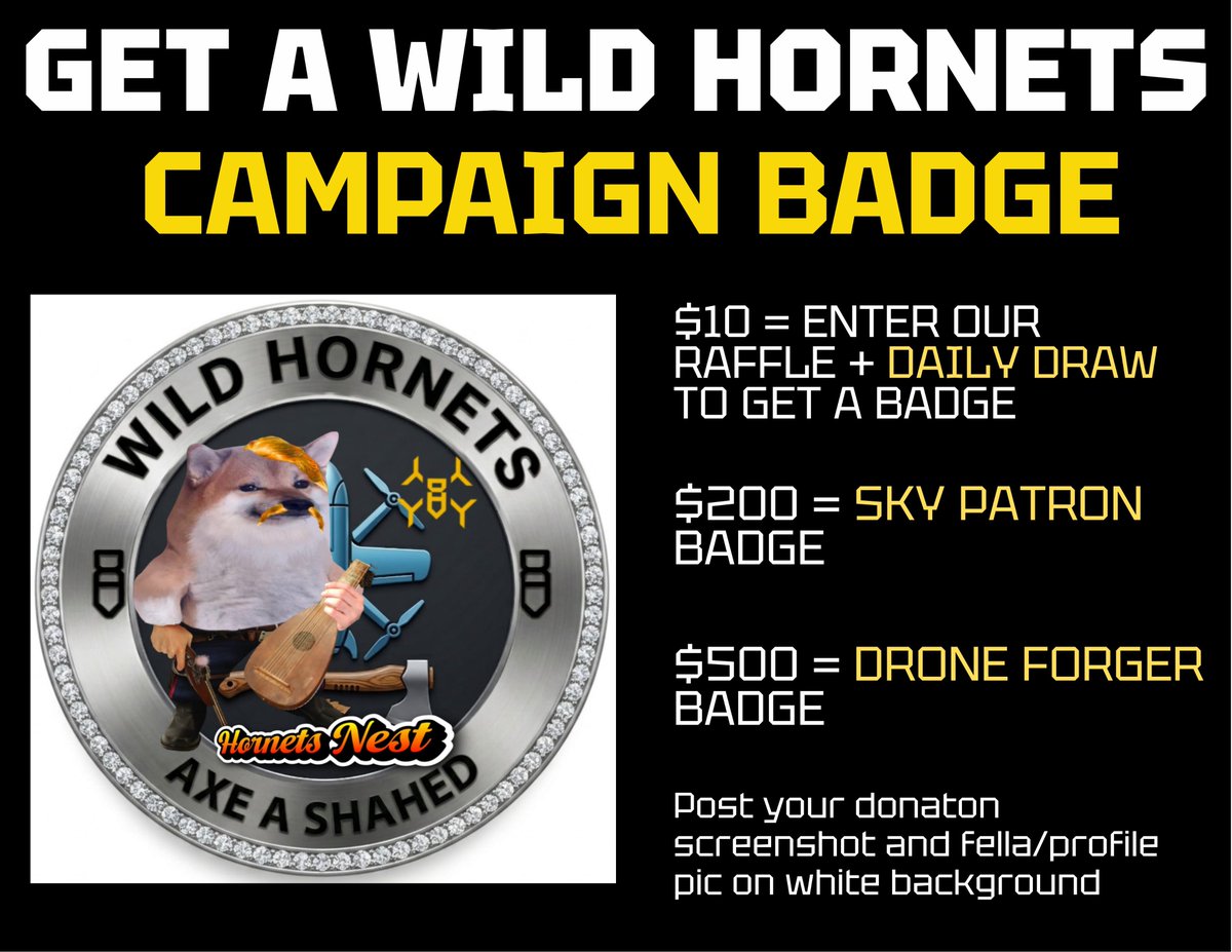 ArmedMaidan's tweet photo. See now the legendary badge of the Wild Hornets, wrought for @animol116 🐝
For behold, Vargmamman was chosen in the daily drawing—receiving a badge from the raffle👆
Whosoever giveth ten dollars or more shall receive one entry
They that bringeth two hundred shall be called a Patron of the Sky
And they that offereth five hundred shall be named a Forger of Drones
Thanks be to Vargmamman for their support, and to the maker of badges of legend, @lacerantplainer🫡
