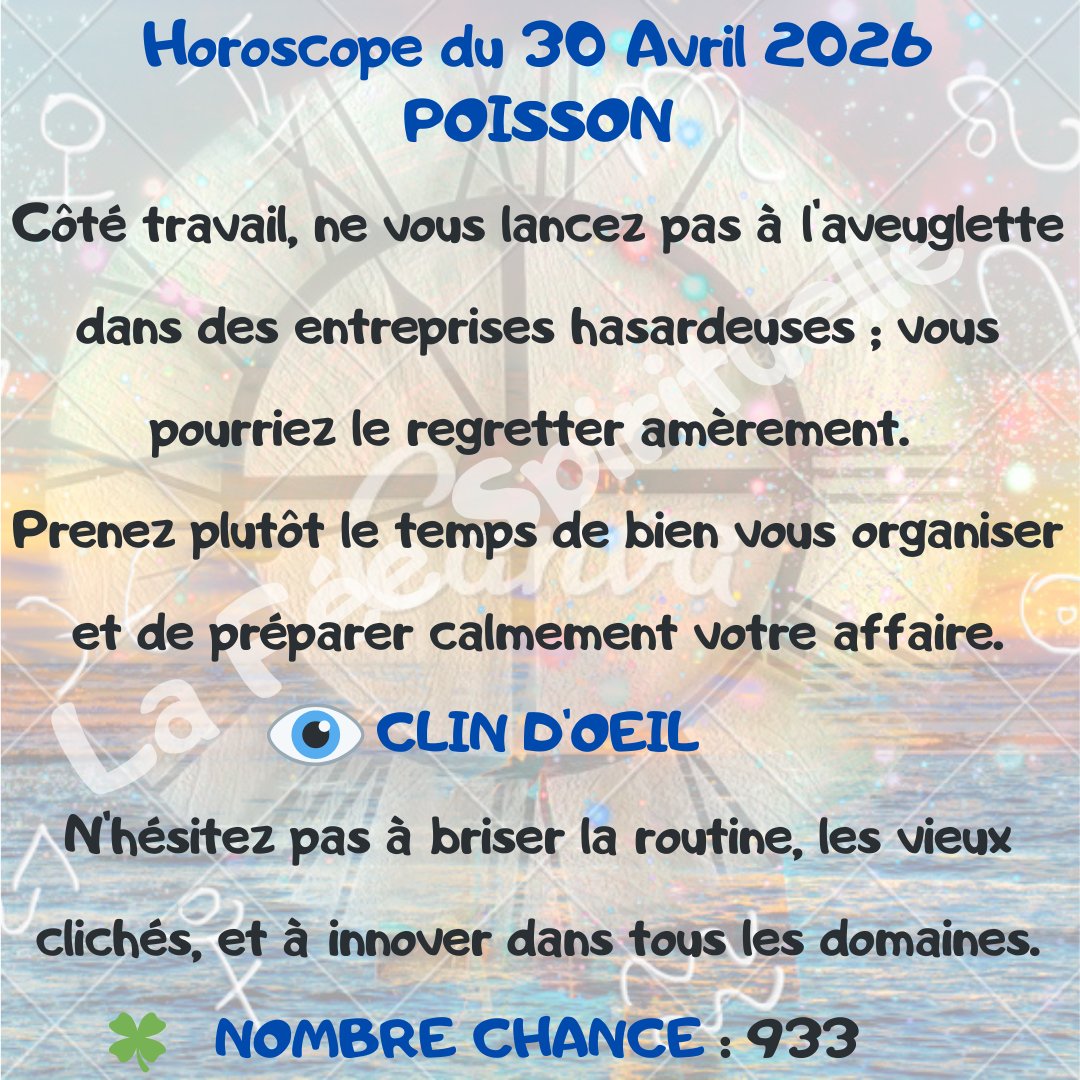 feespirituelle's tweet image. Votre horoscope pour ce jeudi 30 Avril 2026.
#TAUREAU #CAPRICORNE #BALANCE #poisson
🔮 lafeespirituelle.fr🔮