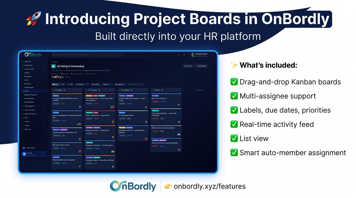 OnBordly's tweet image. 🚀 Project Boards are now live in OnBordly!

Built-in Kanban for hiring, onboarding, and team operations.

✅ Drag &amp;amp; drop
✅ Multi-assignee
✅ Due dates &amp;amp; priorities

👉 onbordly.xyz/docs/project-b…

#HRTech #SaaS #Kanban