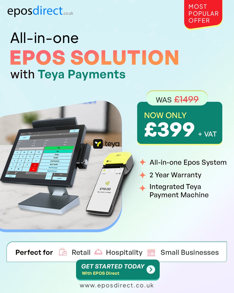 eposdirect's tweet image. Upgrade your business with an all-in-one EPOS system + Teya payments

Was £1499 → NOW £399 + VAT
✔ POS + Payment Machine
✔ 2-Year Warranty
✔ Perfect for Retail &amp;amp; Hospitality

🌐 eposdirect.co.uk
📞08000 336 888

#EPOSDirect #pointofsale #epossystem #possoftware #UK