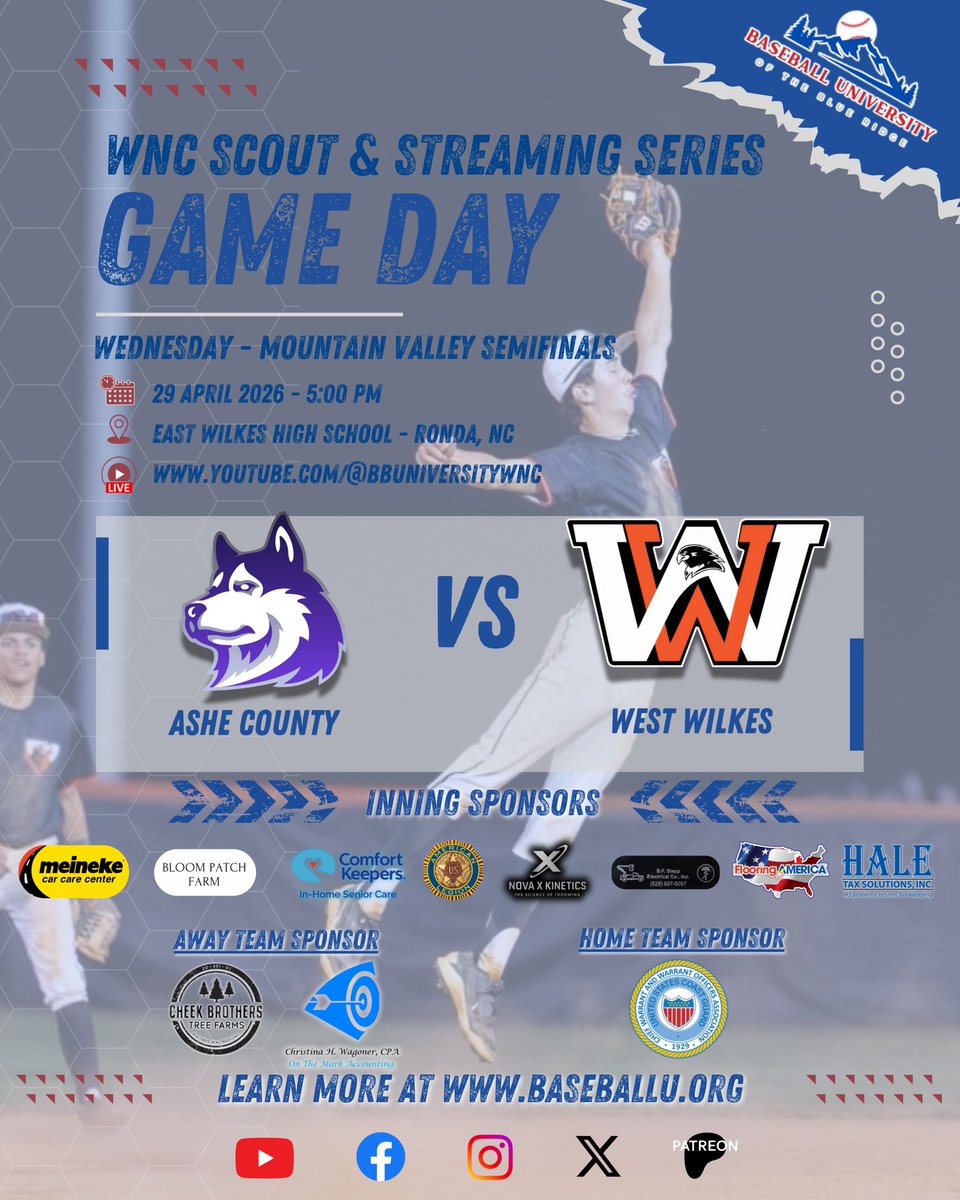 BBUniversityWNC's tweet photo. Game Day!  

We're in new territory and excited to scout!  It's the Mountain Valley Conference Semifinals and our first look at the 2A/3A/4A Conference's talent.  We will be showcasing their top 4 teams with TWO BROADCASTS today at host site @ewilkesbaseball

Game 1 Features the #5 @achuskybaseball vs #1 @WWhawkbaseball at 5 pm, Coverage starting at 4:30

Watch Live (or Later): https://t.co/z6xfuZd2iF 

LONG evening of Baseball ahead, stoked to evaluate some a new sector of WNC talent

@ZWCsports @CoachCheek55 @Jcall32 @EllerJerm4 @dreward4 @WilkesONSL @BJUBaseball @coachkmo831 @TDeaton_22 @CaldwellCCBase1 @SCCbaseball25 @SurryKnights @CoachHoneyMHU19 @dallenturner3 @TaiGilbert10 @mhulions @BoonvilleBoys @dubc_athletics @CamWoodBats @nextlevelbbnc @NovaXkinetics @gent2026 @jordantibbs26 @EllerGavin @AdamWagoner15