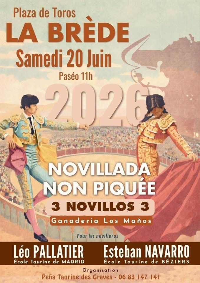 La Angelina sera présente à La Brede le samedi 20 juin 2026.
Matin : non piquée
Après midi : corrida