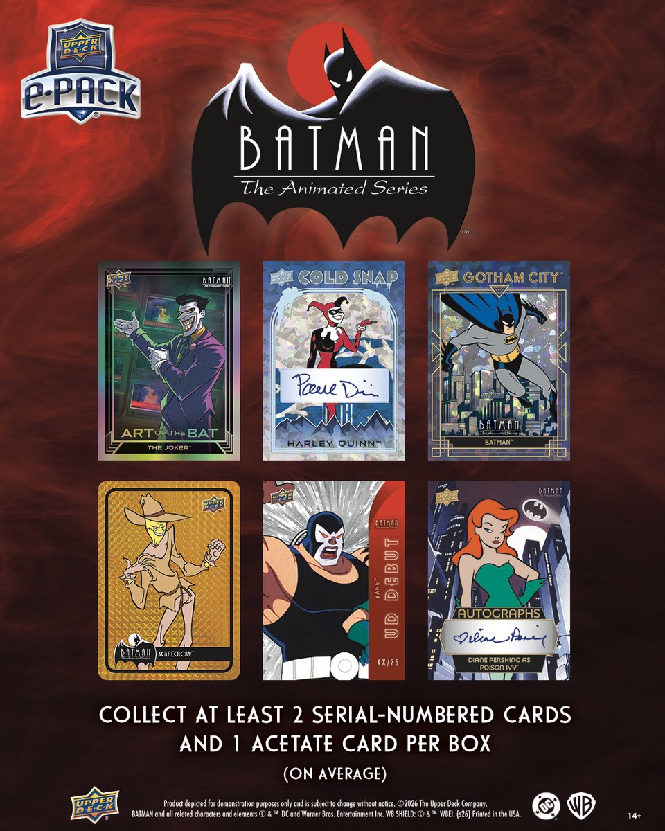 UpperDeckEnt's tweet image. Batman: The Animated Series trading card set is now available on e-Pack! Chase themed inserts, sketch cards, actor autograph cards and more!! #DC #Batman #Upperdeck