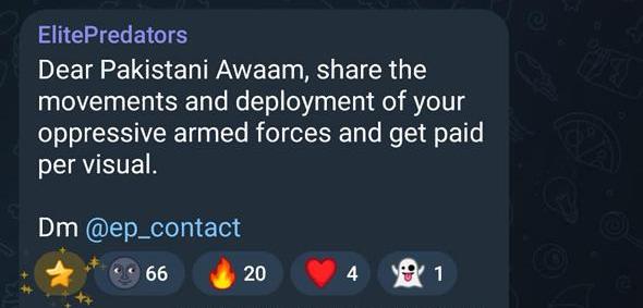 Markhor_Paki's tweet photo. 🚨Indian Telegram channels are reportedly urging people in Pakistan to share videos of military movements in exchange for money. This is a serious security concern. Do not engage, and report such activity immediately. Stay alert, verify information, and help spread awareness to counter this propaganda.