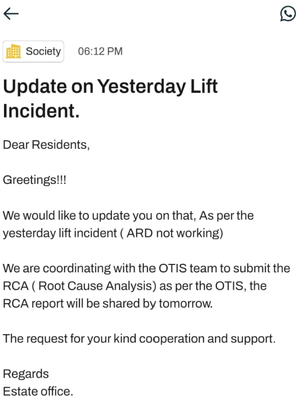 tusharcapoor's tweet photo. @DCPCentralNoida @mahagungroup @Mahagun_India @OtisElevatorCo @CBRE_India @OfficialGNIDA @IAS_SAUMYA @noidapolice @dmgbnagar @myogiadityanath @DCPCentralNoida  - Please check facts first.

Maintenanace team is still checking on RCA. Please check the below Screenshot. 
And NO ONE CAME TO RESCUE, NO ARD WORKED. https://t.co/WZNJMKdg2c