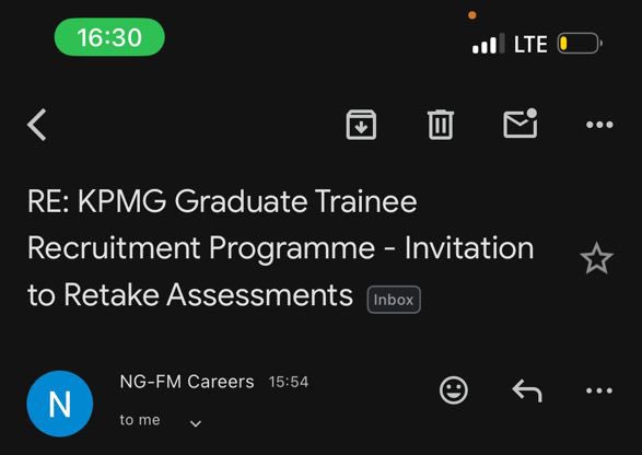 CareersWithMBA's tweet photo. KPMG sent out invitations to retake the Aptitude Test but not everyone got it. I’m wondering what the criterion was though https://t.co/0SZaCyr901