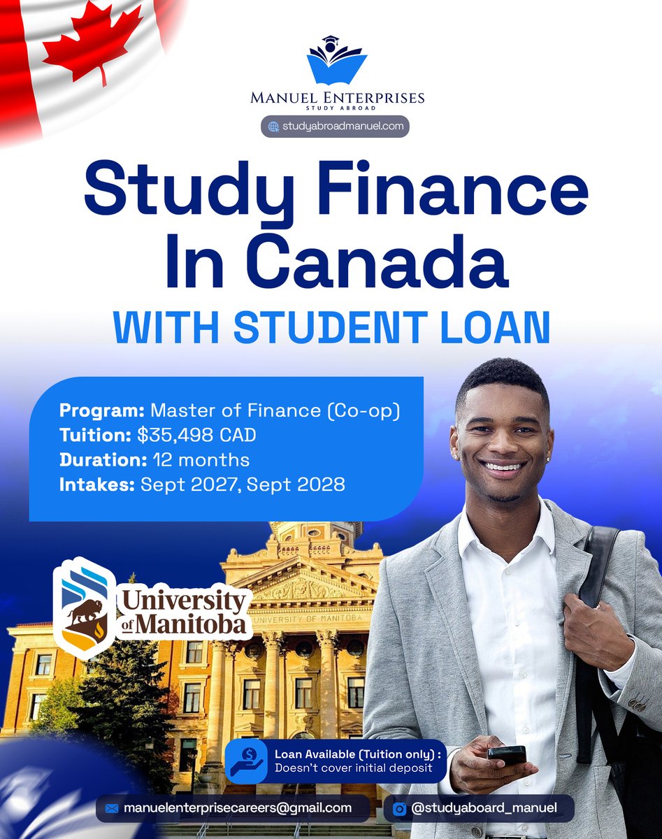 Studybymanuel's tweet image. Study Finance in Canada 🇨🇦 with a student loan option.

University of Manitoba
Tuition: $35,498 CAD
Duration: 12 months

⚠️ Loan covers tuition only (deposit required)
Serious? Comment CANADA or DM.

#StudyInCanada #StudentLoan #StudyAbroad
