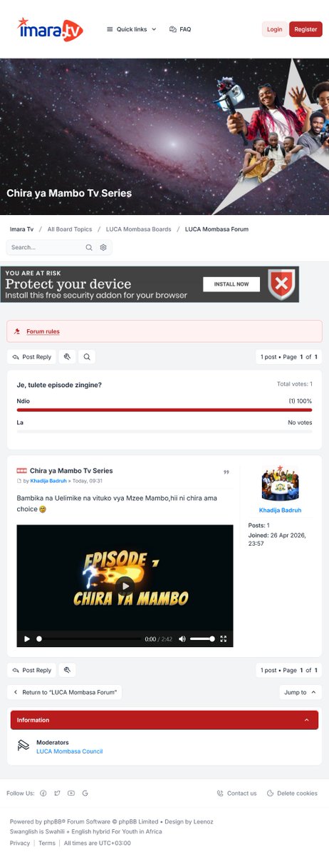 IMARATVKE's tweet photo. Tumerudi online with @Cloudflare  proxy na CDN for video streaming at peak performance even with many concurrent users plus turnstile for better CAPTCHA UX. 

Today we hit a milestone with this TV Series post by Khadija Badruh https://t.co/owVD0MAaXh 

This is the:

1st LUCA Youth Council Member for LUCA Mombasa, 

1st LUCA Youth Creator to post on our platform an original Tv Series she produced in 2024 and 

1st Poll by a LUCA Youth Creator for public feedback