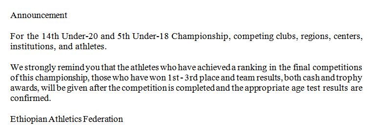 buzi2011's tweet photo. On the third day of the 14th Under-20 and 5th Under-18 Ethiopian Athletics Championships, the Ethiopian Athletics Federation has issued the following statement on its official social media page regarding age issue: https://t.co/6Gf0zpAk1G