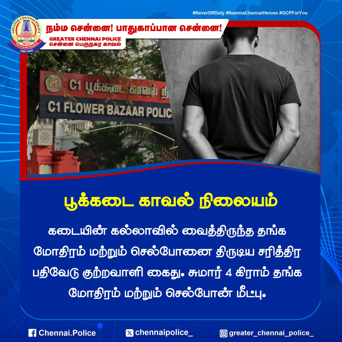 chennaipolice_'s tweet image. பூக்கடை காவல் நிலையம் 

கடையின் கல்லாவில் வைத்திருந்த தங்க மோதிரம் மற்றும் செல்போனை திருடிய சரித்திர பதிவேடு குற்றவாளி கைது. சுமார் 4 கிராம் தங்க மோதிரம் மற்றும் செல்போன் மீட்பு. 

#FlowerBazaar #Theft #GoldRing #MobileRecovery #HistorySheeter #Arrest #ChennaiPolice
