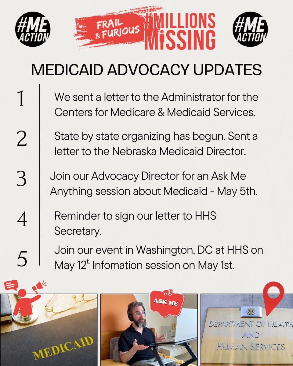 MEActNet's tweet image. Important updates to our #FrailAndFurious campaign! Sent letter to CMS &amp;amp; to Nebraska Medicaid Director. Upcoming AMA about Medicaid on May 5. Register if going to HHS on May 12. Don't forget to sign HHS letter. 
More info: meaction.net/post/meaction-…

#MillionsMissing #Medicaid #pwME