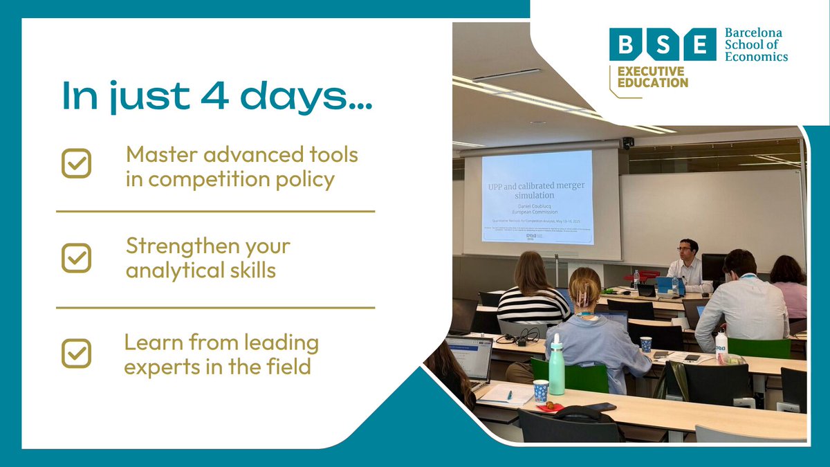 bse_barcelona's tweet photo. ⏳ Only 2 weeks left to apply for the Quantitative Methods for Competition Analysis course.

Don’t miss out on this opportunity to enhance your skills in data analysis and competition policy.

🔗 https://t.co/YHSjVHG8dz

#BSE #QuantitativeMethods #CompetitionAnalysis https://t.co/ExOfPnAumB