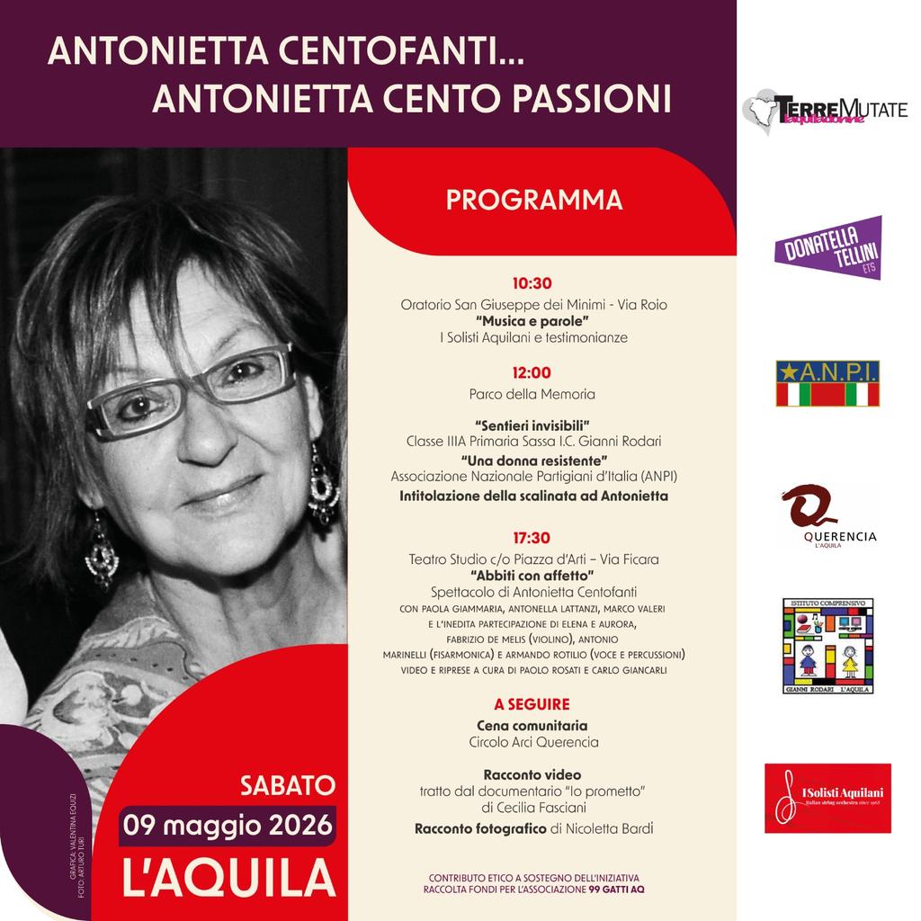TerreMutate's tweet photo. Sabato 9 maggio 2026 all'Aquila una giornata intera per ricordare Antonietta Centofanti, giornalista, femminista, animalista. 
Una donna colta, resistente, dalle cento passioni che molto ha dato a noi e alla città e che rimarrà un esempio vivo di coerenza e di autorevolezza. https://t.co/sElGc4ToH3